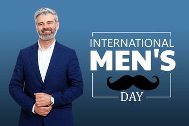 Image of International Men's Day card with moustache illustration. Happy man on blue gradient background