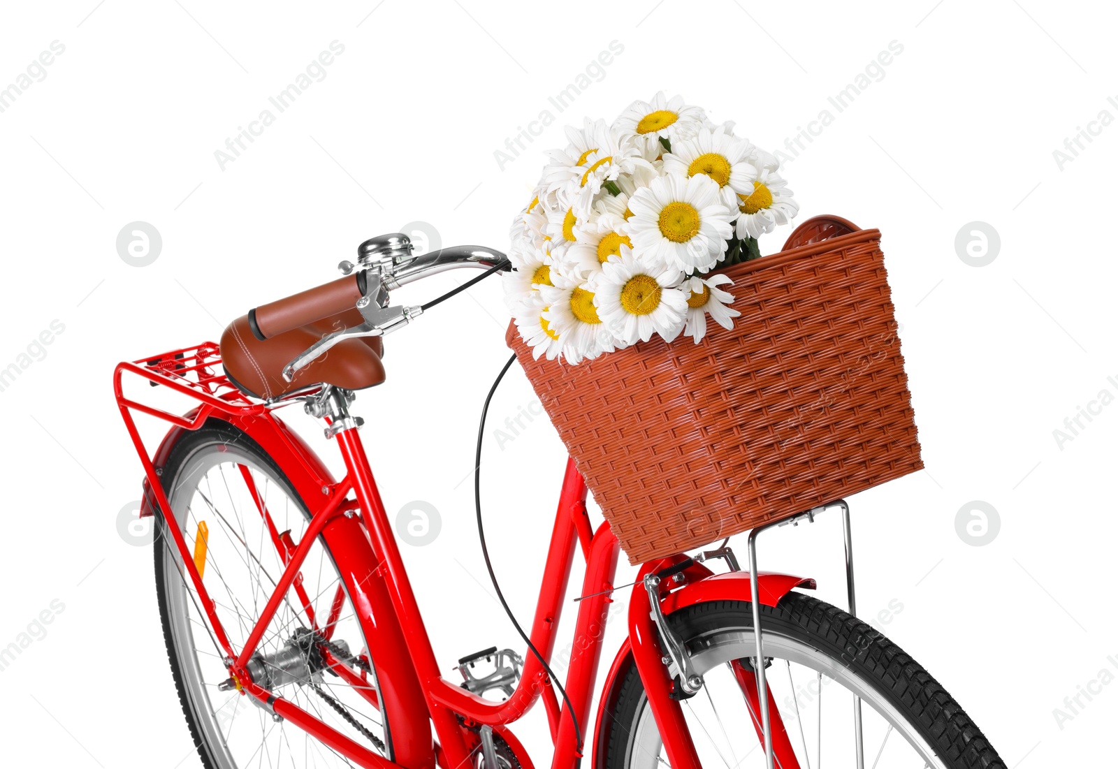 Bicycle with basket of beautiful flowers isolated on white Photo of Bicycle with basket of beautiful flowers isolated on white