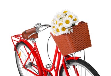 Photo of Bicycle with basket of beautiful flowers isolated on white