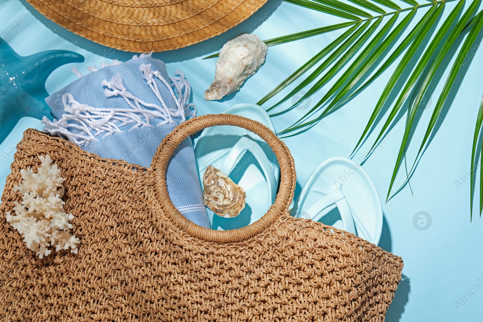 Flat lay composition with different beach accessories and palm leaf on light blue background Photo of Flat lay composition with different beach accessories and palm leaf on light blue background