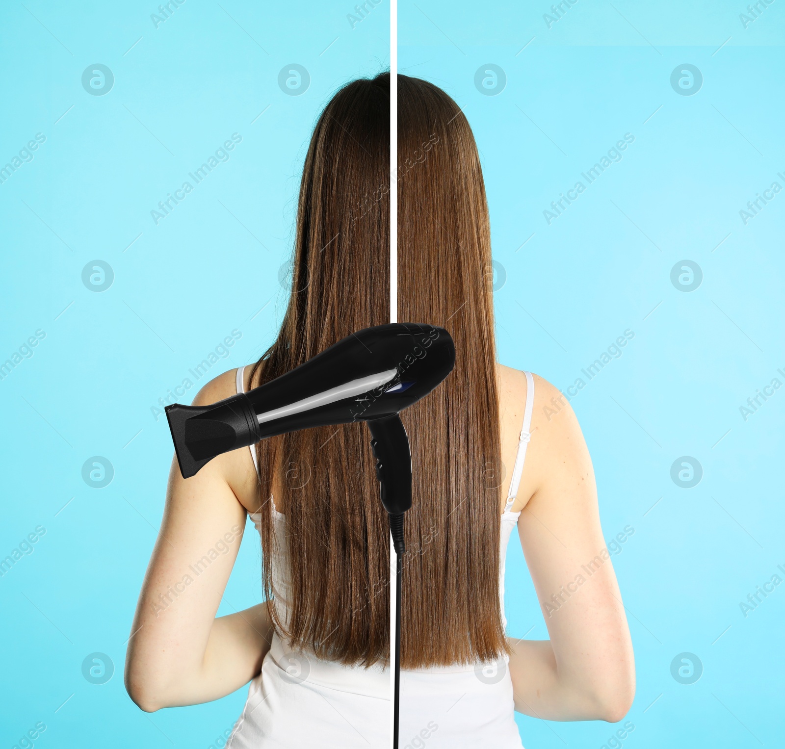 Image of Before and after hair styling. Photo of woman divided by hair dryer against light blue background