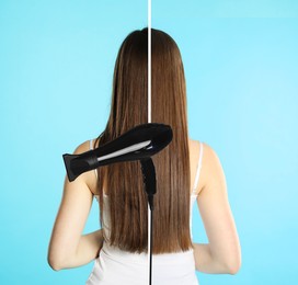 Image of Before and after hair styling. Photo of woman divided by hair dryer against light blue background