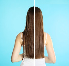 Image of Before and after hair treatment. Photo of woman on light blue background divided into halves, back view