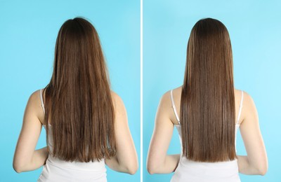 Image of Before and after hair treatment. Collage with photos of woman on light blue background, back view