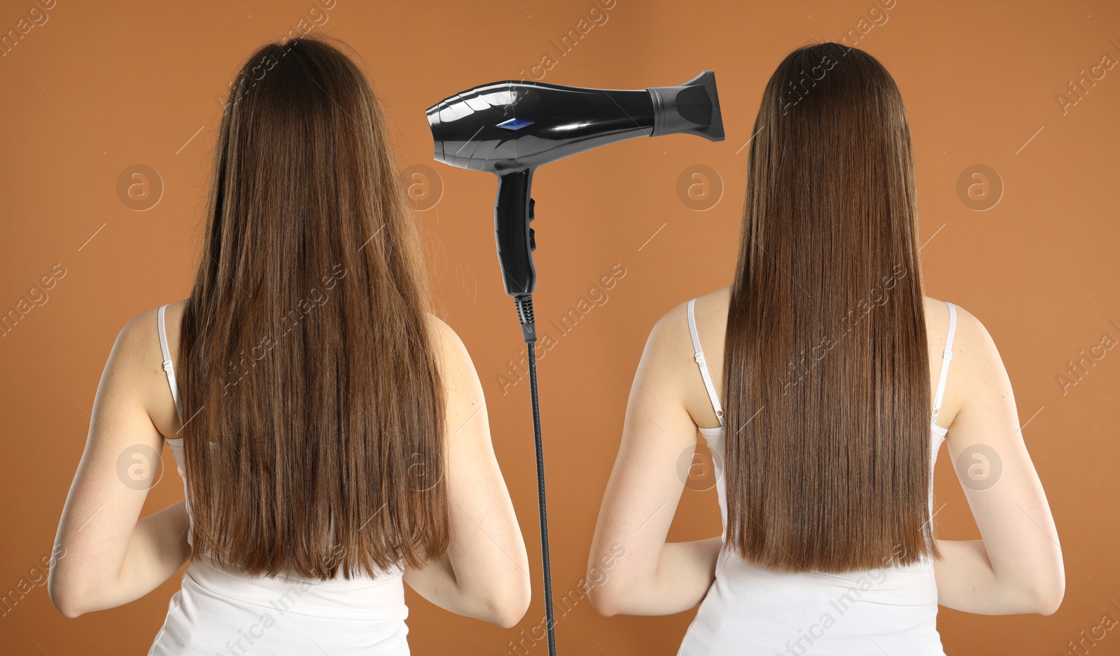 Before and after hair styling. Hair dryer between photos of woman against brown background Image of Before and after hair styling. Hair dryer between photos of woman against brown background