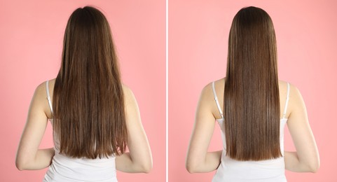 Image of Before and after hair treatment. Collage with photos of woman on pink background, back view