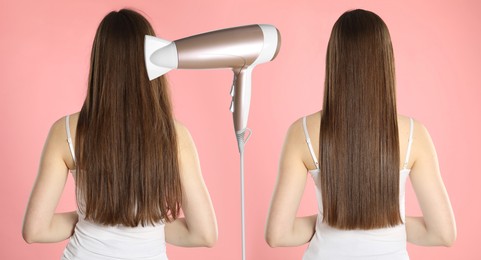 Image of Before and after hair styling. Hair dryer between photos of woman against pink background