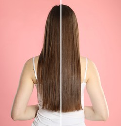 Image of Before and after hair treatment. Photo of woman on pink background divided into halves, back view