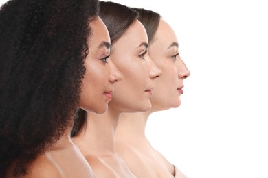 Image of Group of beautiful women on white background. Collection of different portraits
