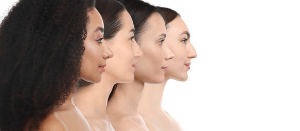 Image of Group of beautiful women on white background. Collection of different portraits