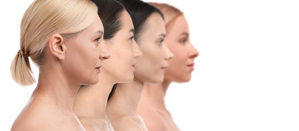Image of Group of beautiful women on white background. Collection of different portraits