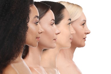 Image of Group of beautiful women on white background. Collection of different portraits