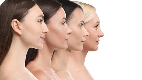 Image of Group of beautiful women on white background. Collection of different portraits