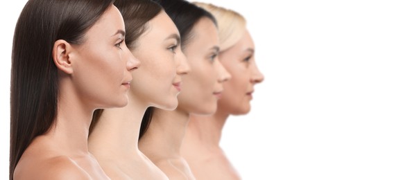 Image of Group of beautiful women on white background. Collection of different portraits