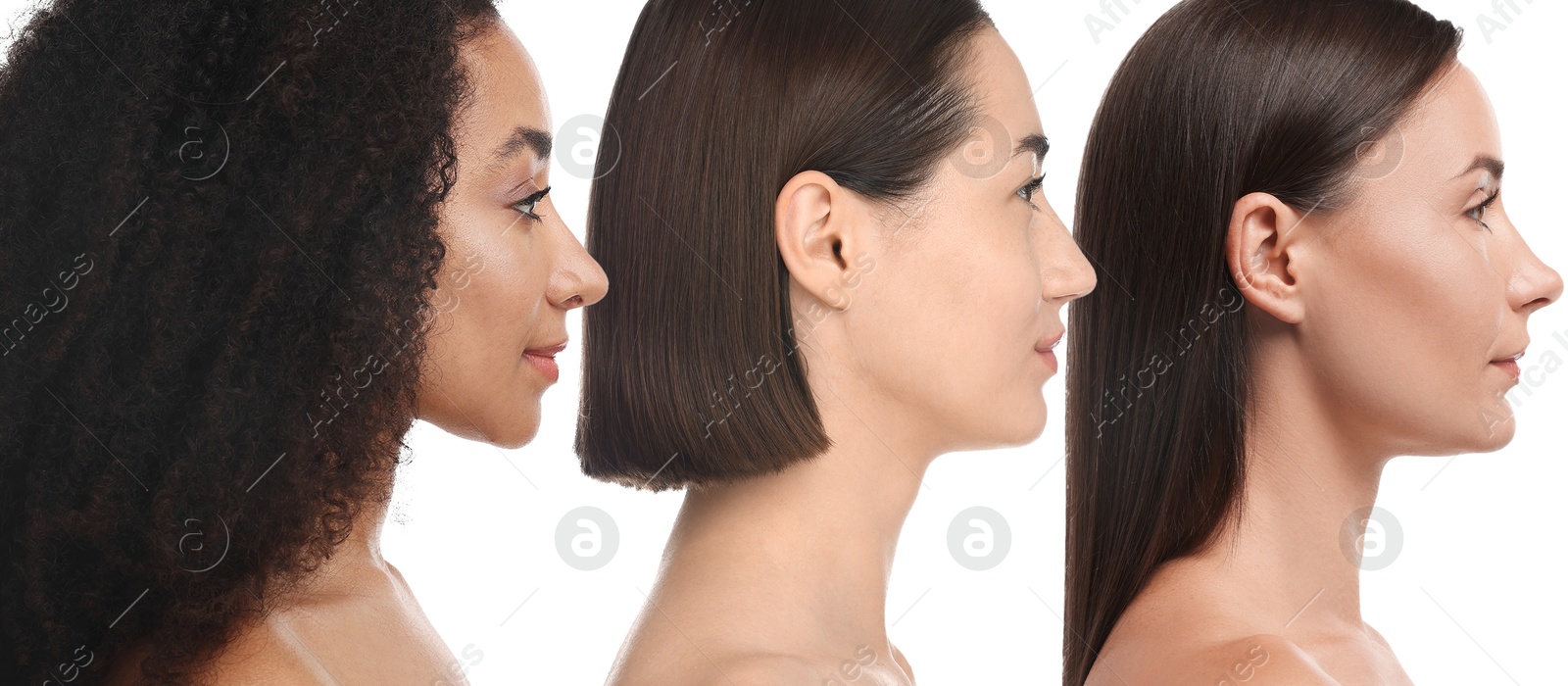 Image of Group of beautiful women on white background. Collection of different portraits