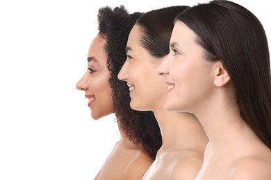 Image of Group of beautiful women on white background. Collection of different portraits