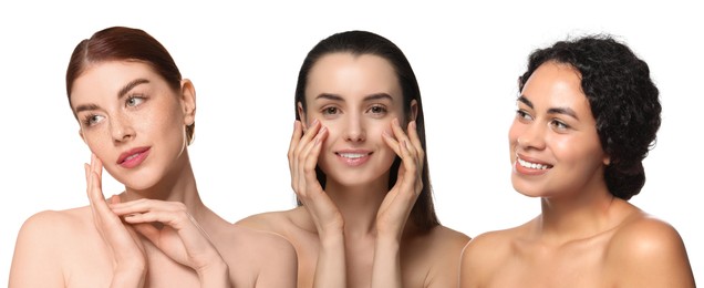 Image of Group of beautiful women on white background. Collection of different portraits