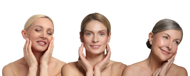 Image of Group of beautiful women on white background. Collection of different portraits
