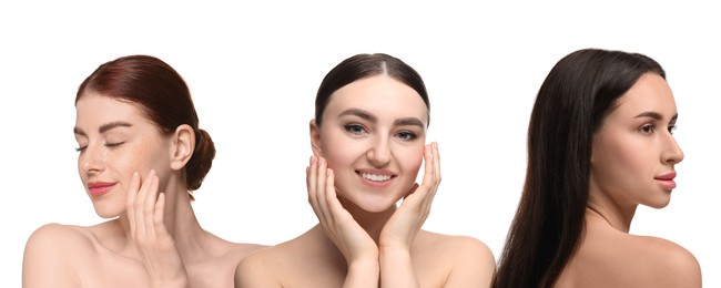 Image of Group of beautiful women on white background. Collection of different portraits