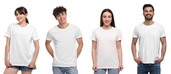Image of Different people in white t-shirts against white background. Mockup for design
