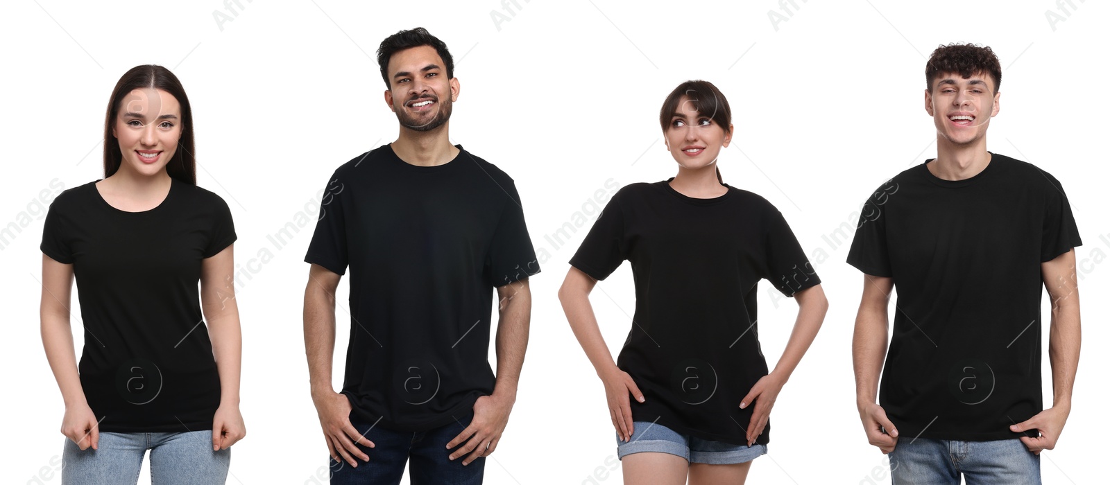Different people in black t-shirts against white background. Mockup for design Image of Different people in black t-shirts against white background. Mockup for design
