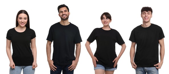 Image of Different people in black t-shirts against white background. Mockup for design