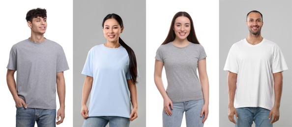 Image of People in different t-shirts against white and grey backgrounds. Mockup for design