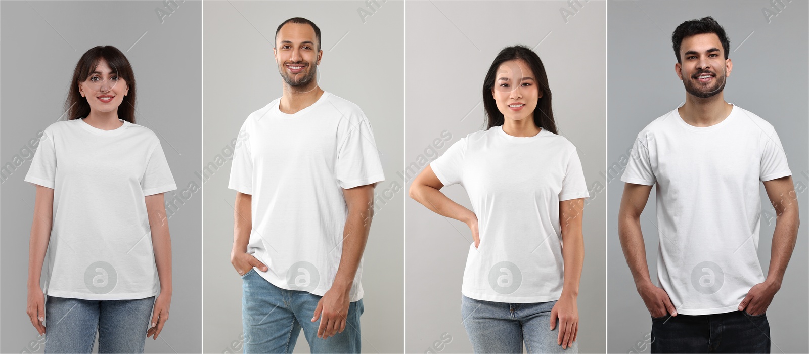 Image of Different people in white t-shirts against grey background. Mockup for design