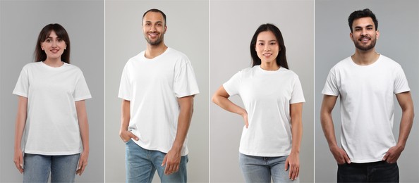 Image of Different people in white t-shirts against grey background. Mockup for design