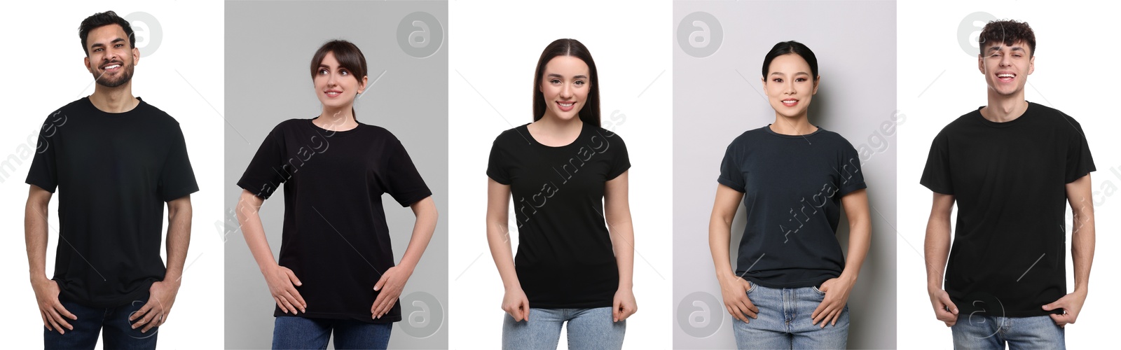 Different people in black t-shirts against white and grey backgrounds. Mockup for design Image of Different people in black t-shirts against white and grey backgrounds. Mockup for design