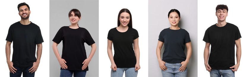 Image of Different people in black t-shirts against white and grey backgrounds. Mockup for design