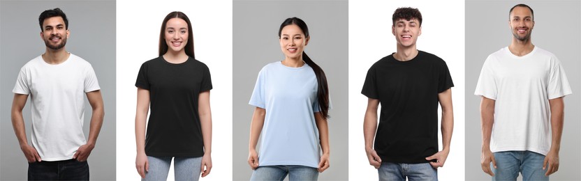 Image of People in different t-shirts against white and grey backgrounds. Mockup for design