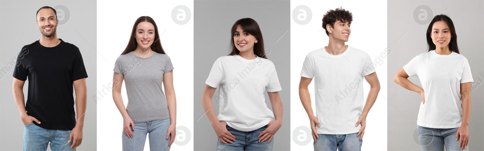 People in different t-shirts against white and grey backgrounds. Mockup for design Image of People in different t-shirts against white and grey backgrounds. Mockup for design