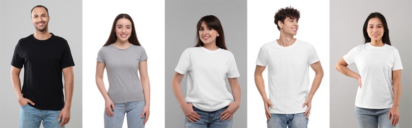 Image of People in different t-shirts against white and grey backgrounds. Mockup for design