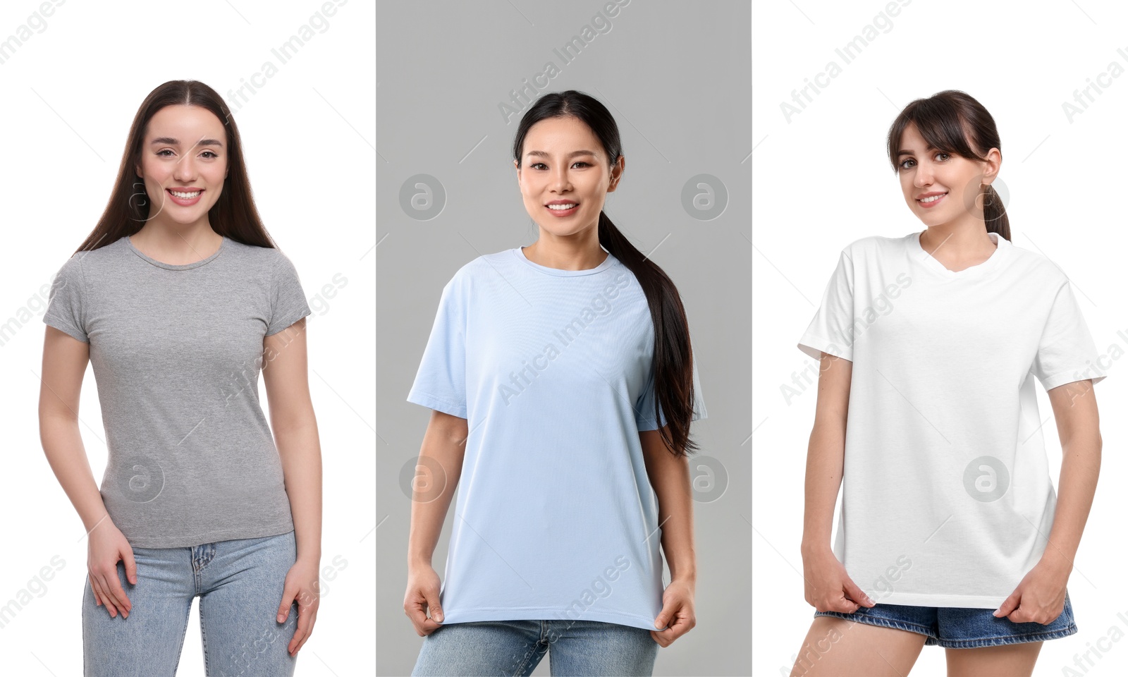 Women in different t-shirts against white and grey backgrounds. Mockup for design Image of Women in different t-shirts against white and grey backgrounds. Mockup for design