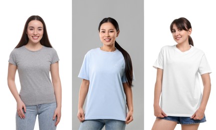 Image of Women in different t-shirts against white and grey backgrounds. Mockup for design