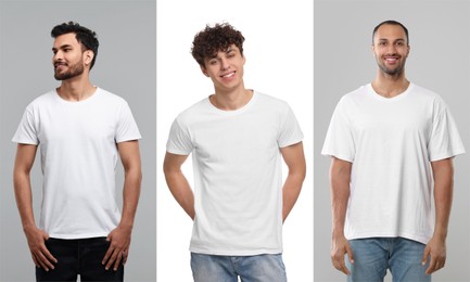 Image of Men in white t-shirts against grey and white backgrounds. Mockup for design
