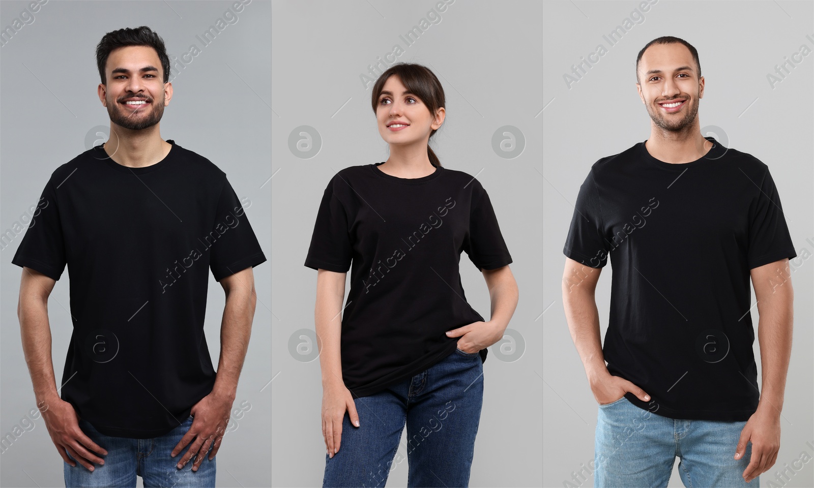 Different people in black t-shirts against grey background. Mockup for design Image of Different people in black t-shirts against grey background. Mockup for design