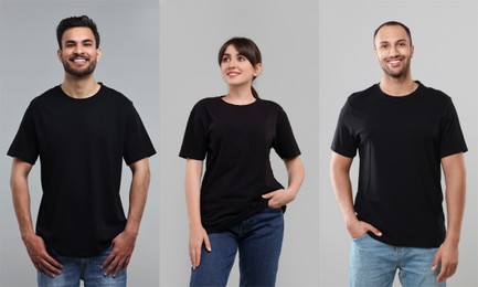 Image of Different people in black t-shirts against grey background. Mockup for design