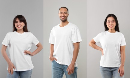 Image of Different people in white t-shirts against grey background. Mockup for design