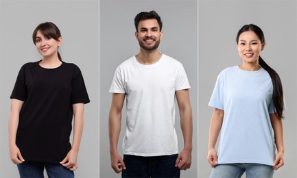 Image of People in different t-shirts against grey background. Mockup for design