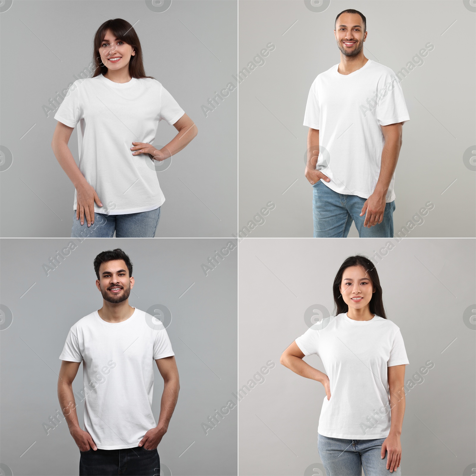 Different people in white t-shirts against grey background. Mockup for design Image of Different people in white t-shirts against grey background. Mockup for design
