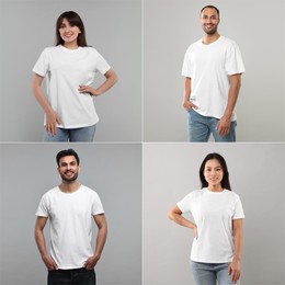 Image of Different people in white t-shirts against grey background. Mockup for design
