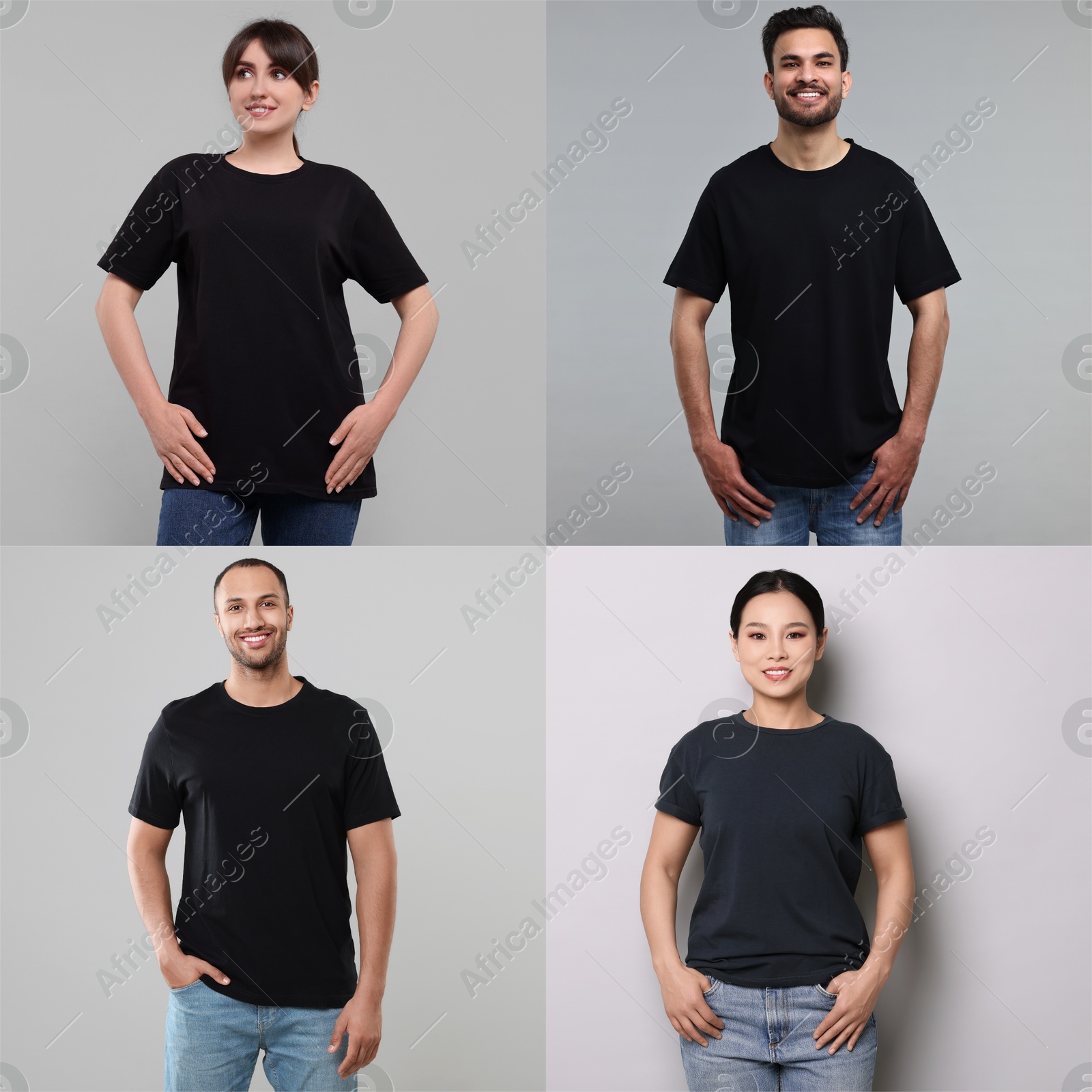 Different people in black t-shirts against grey background. Mockup for design Image of Different people in black t-shirts against grey background. Mockup for design