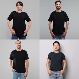 Image of Different people in black t-shirts against grey background. Mockup for design
