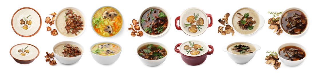 Image of Delicious mushroom soups on white background, collage. Top and side view