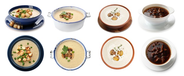 Image of Delicious mushroom soups on white background, collage. Top and side view