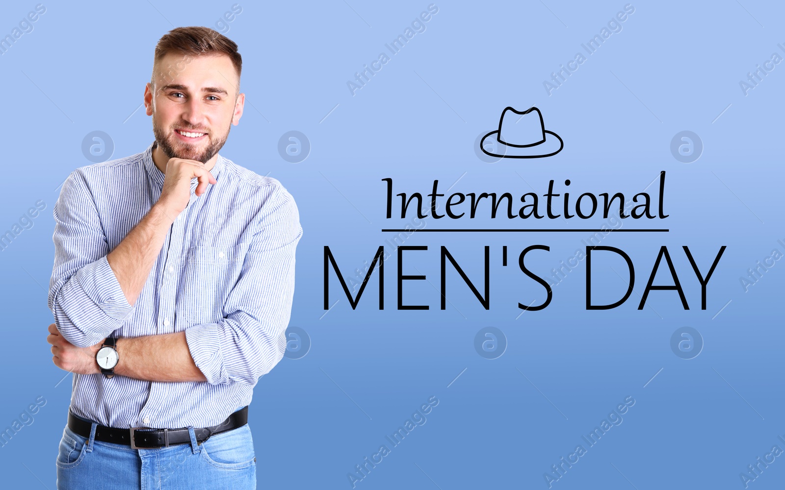 Image of International Men's Day card with hat illustration. Happy man on light blue gradient background
