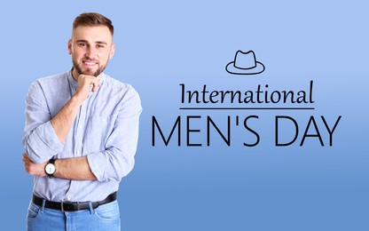 Image of International Men's Day card with hat illustration. Happy man on light blue gradient background