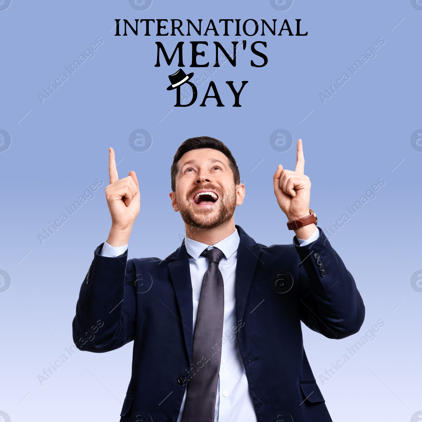 International Men's Day card with hat illustration. Happy man on light blue gradient background Image of International Men's Day card with hat illustration. Happy man on light blue gradient background